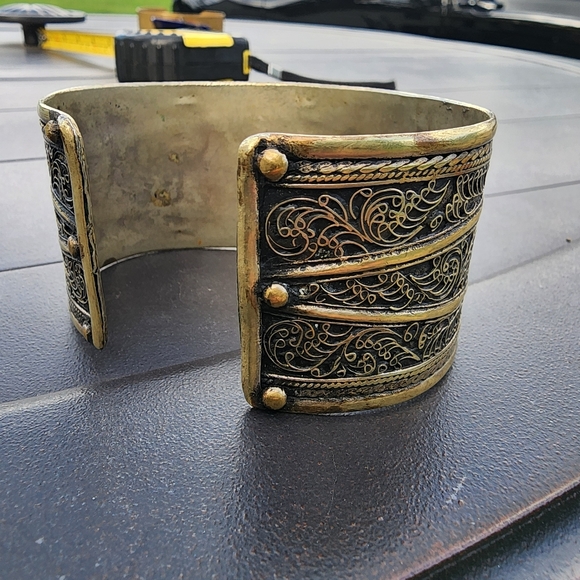 Handmade ornate chunky cuff bracelet turquoise brass silver one of a kind - Picture 4 of 9